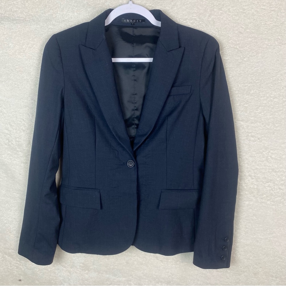 Theory Womens Sz 8 Black One‎ Button Wool Stretch Blazer Sport Coat Made in USA